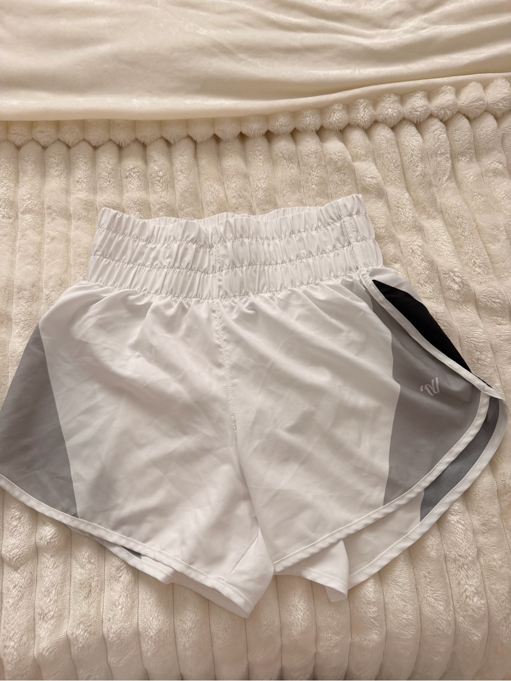 Women's Varsity White Active Running Shorts with Grey Panels